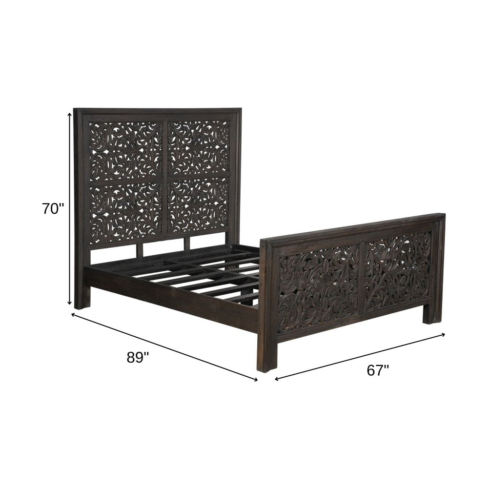 Gray Carved Scrollwork Distressed Solid Wood Queen Bed Frame HomeRoots