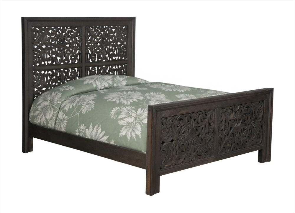 Gray Carved Scrollwork Distressed Solid Wood Queen Bed Frame HomeRoots
