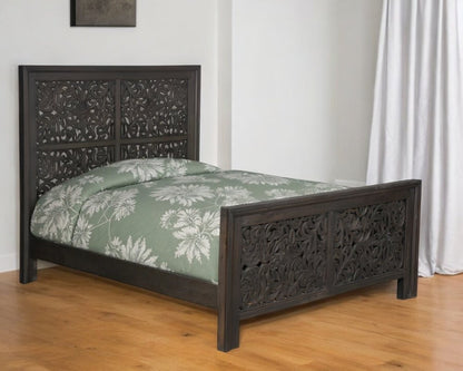 Gray Carved Scrollwork Distressed Solid Wood Queen Bed Frame HomeRoots