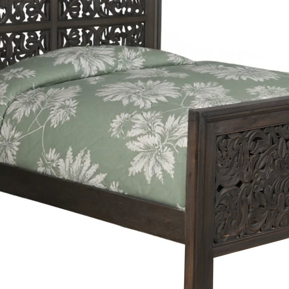 Gray Carved Scrollwork Distressed Solid Wood Queen Bed Frame HomeRoots