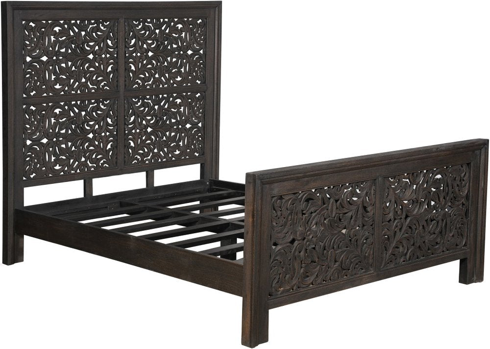 Gray Carved Scrollwork Distressed Solid Wood Queen Bed Frame HomeRoots