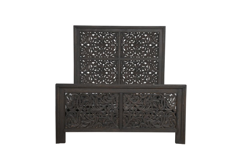 Gray Carved Scrollwork Distressed Solid Wood Queen Bed Frame HomeRoots