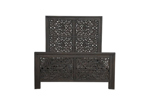 Gray Carved Scrollwork Distressed Solid Wood Queen Bed Frame HomeRoots