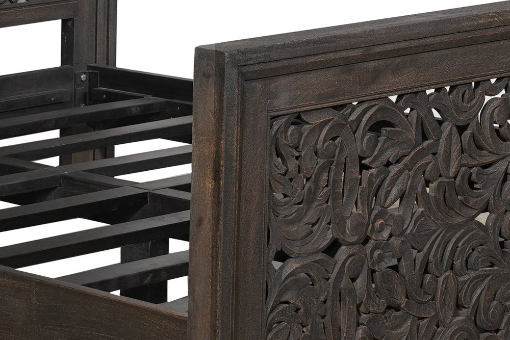 Gray Carved Scrollwork Distressed Solid Wood Queen Bed Frame HomeRoots