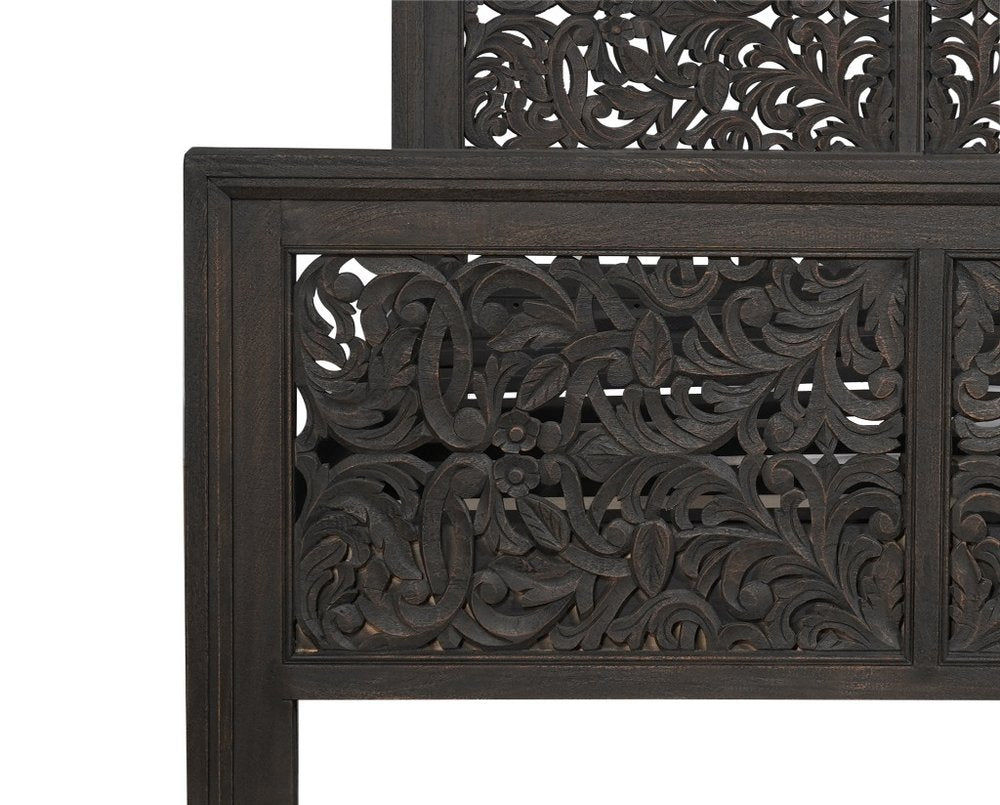 Gray Carved Scrollwork Distressed Solid Wood Queen Bed Frame HomeRoots