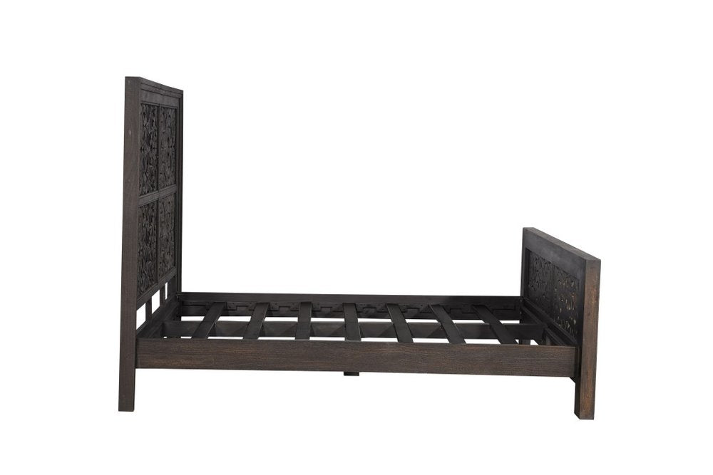 Gray Carved Scrollwork Distressed Solid Wood Queen Bed Frame HomeRoots