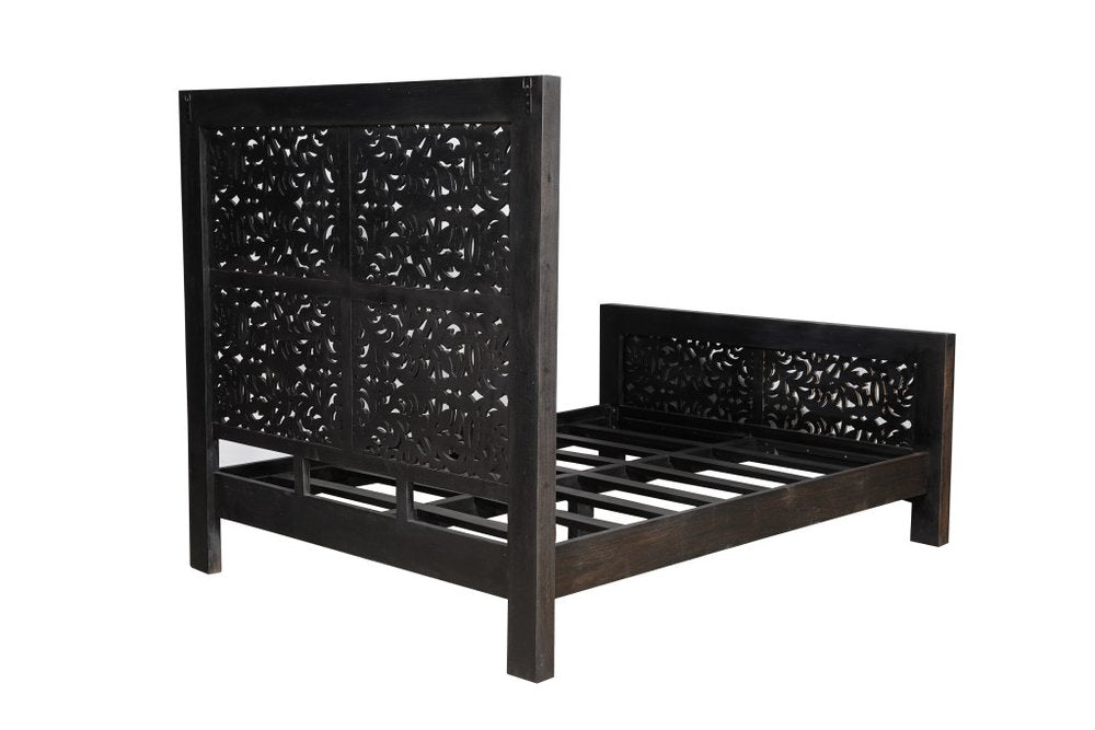 Gray Carved Scrollwork Distressed Solid Wood Queen Bed Frame HomeRoots