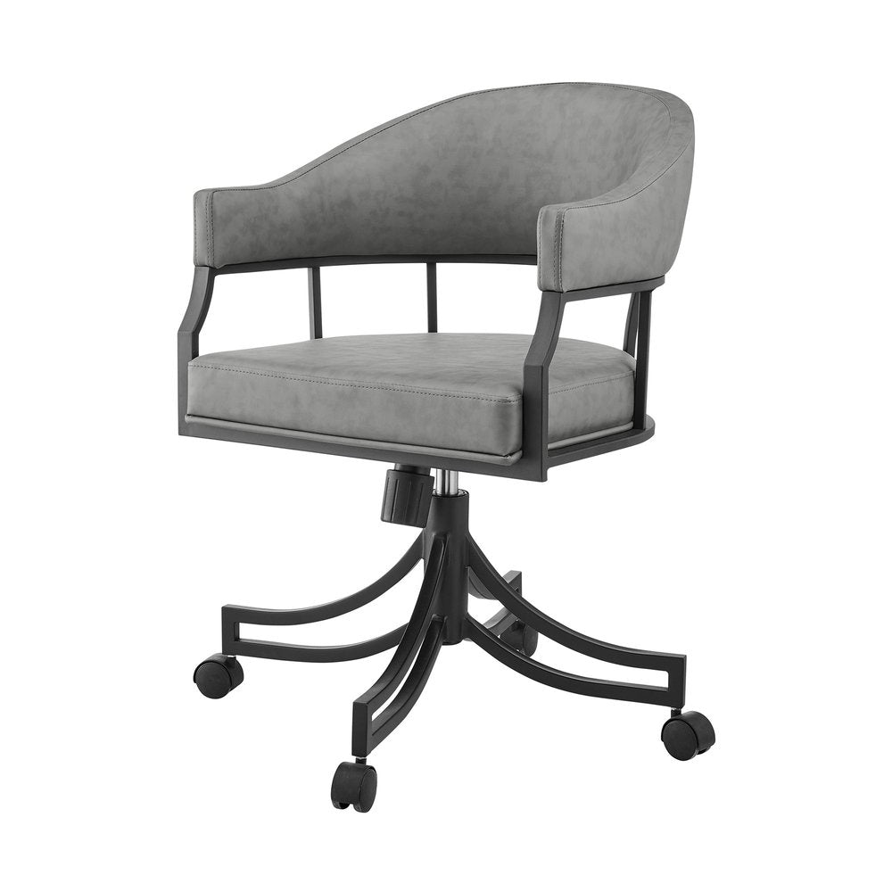 Gray And Black Upholstered Faux Leather Open Back Dining Arm Chair With Wheels — view 8