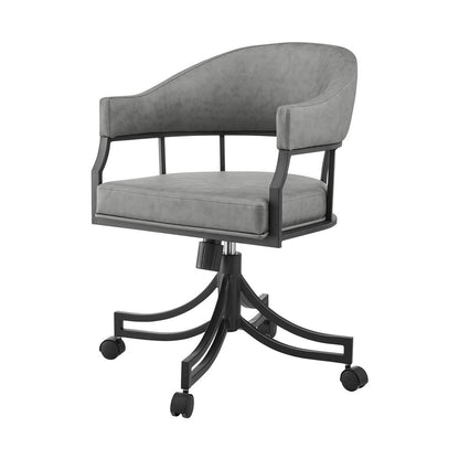 Gray And Black Upholstered Faux Leather Open Back Dining Arm Chair With Wheels HomeRoots