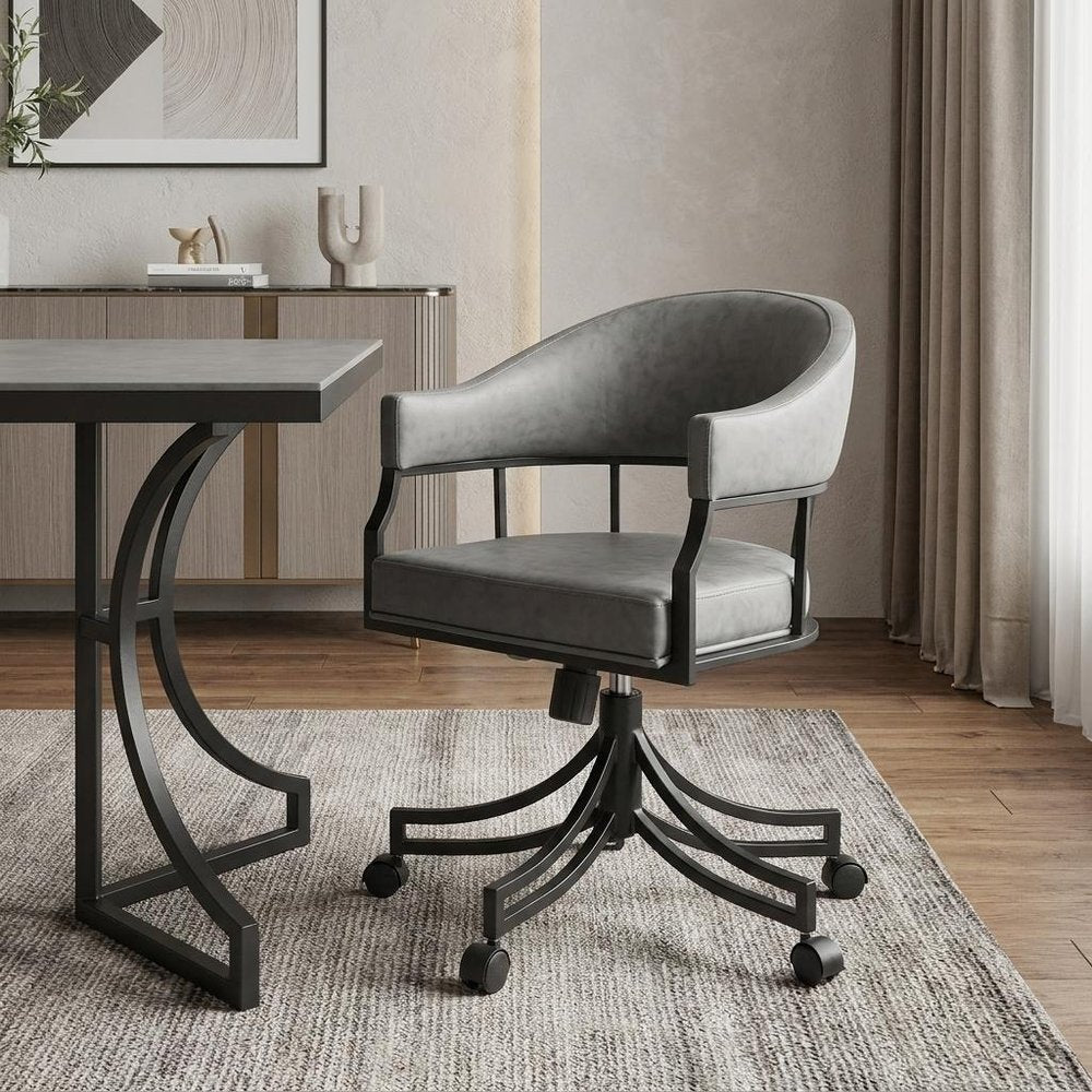 Gray And Black Upholstered Faux Leather Open Back Dining Arm Chair With Wheels — view 11
