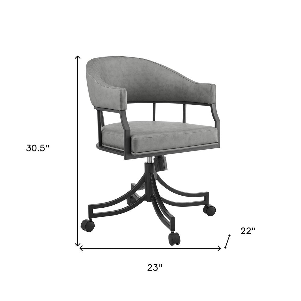 Gray And Black Upholstered Faux Leather Open Back Dining Arm Chair With Wheels HomeRoots
