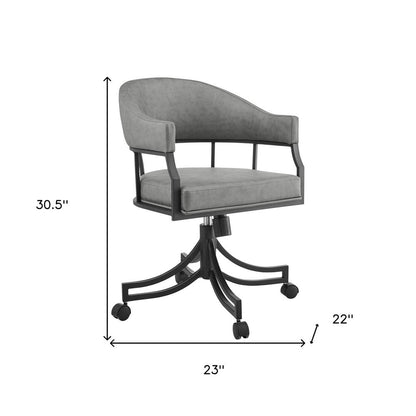 Gray And Black Upholstered Faux Leather Open Back Dining Arm Chair With Wheels HomeRoots