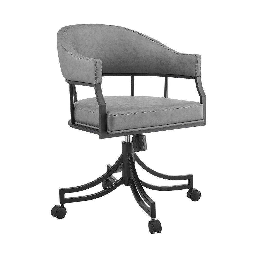 Gray And Black Upholstered Faux Leather Open Back Dining Arm Chair With Wheels HomeRoots