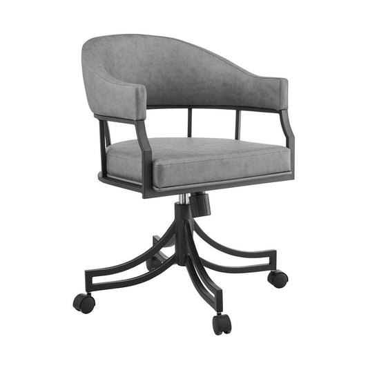 Gray And Black Upholstered Faux Leather Open Back Dining Arm Chair With Wheels