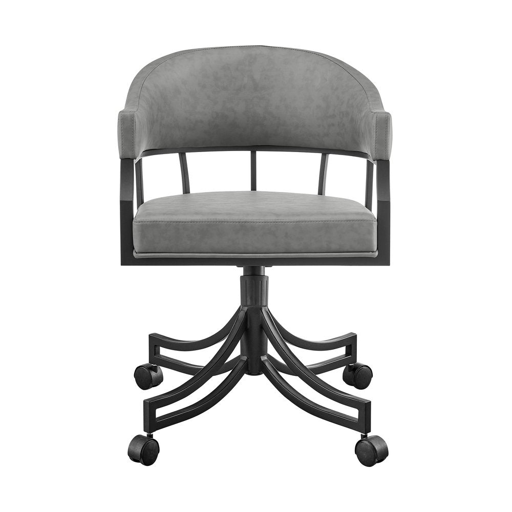 Gray And Black Upholstered Faux Leather Open Back Dining Arm Chair With Wheels — view 2
