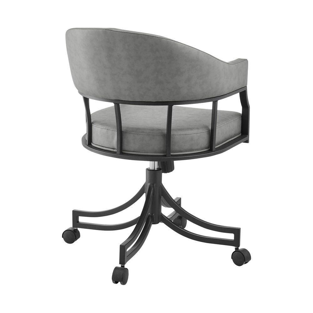 Gray And Black Upholstered Faux Leather Open Back Dining Arm Chair With Wheels — view 3