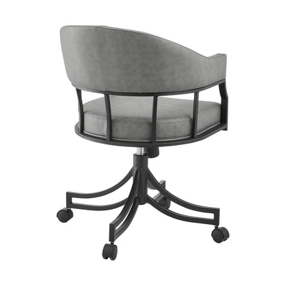 Gray And Black Upholstered Faux Leather Open Back Dining Arm Chair With Wheels HomeRoots