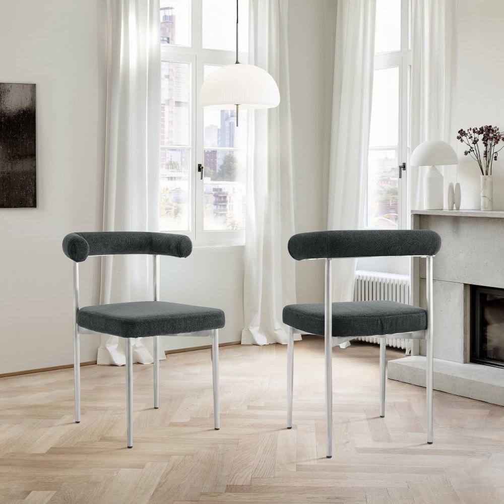 Set of Two Gray And Silver Upholstered Polyester Open Back Dining Side Chairs HomeRoots