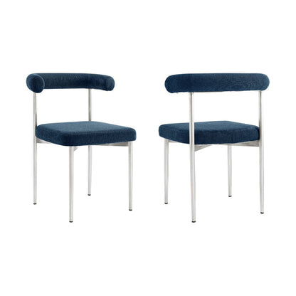 Set of Two Blue And Silver Upholstered Polyester Open Back Dining Side Chairs HomeRoots