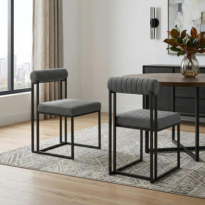 Set of Two Gray And Black Upholstered Polyester Open Back Dining Side Chairs HomeRoots