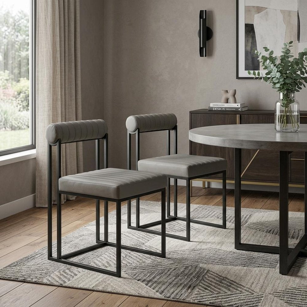Set of Two Gray And Black Upholstered Faux Leather Open Back Dining Side Chairs HomeRoots