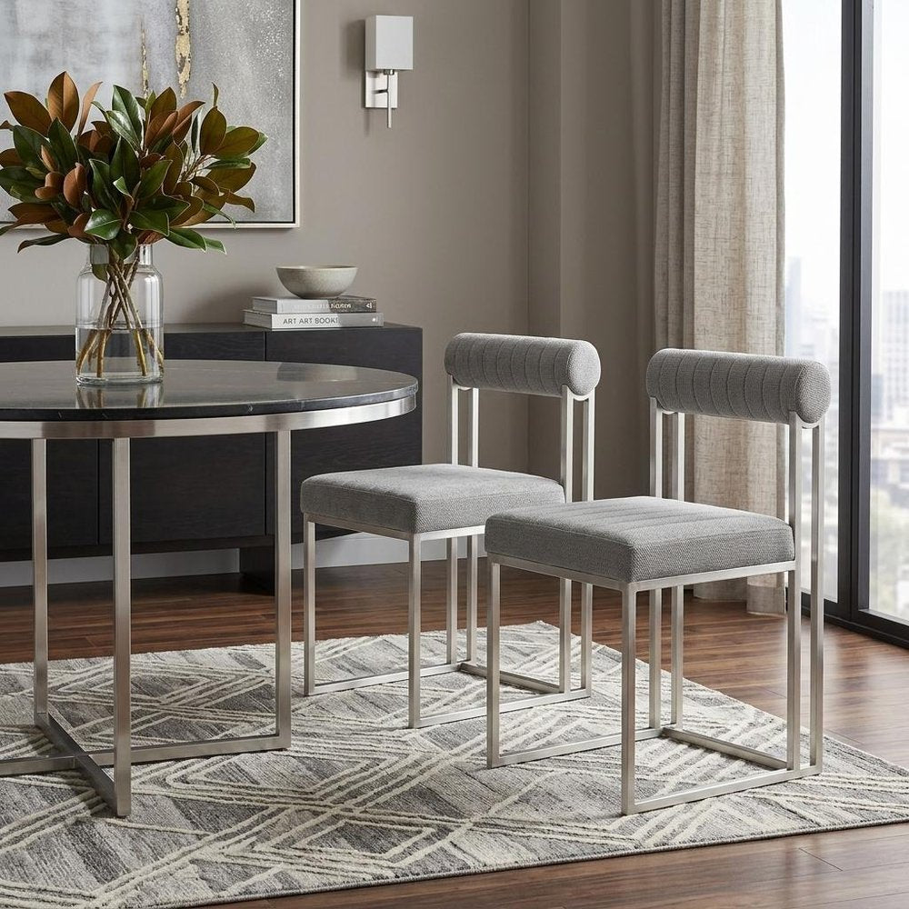 Set of Two Gray And Silver Upholstered Polyester Open Back Dining Side Chairs HomeRoots