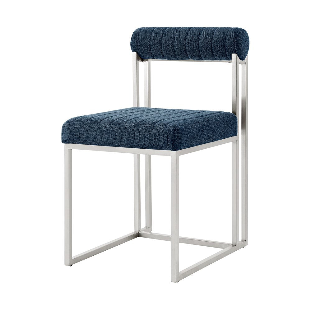 Set of Two Blue And Silver Upholstered Polyester Open Back Dining Side Chairs HomeRoots
