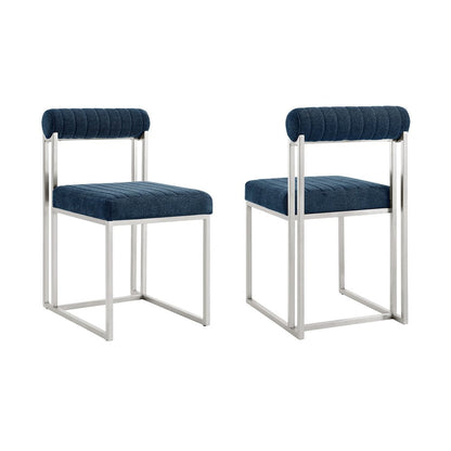 Set of Two Blue And Silver Upholstered Polyester Open Back Dining Side Chairs HomeRoots