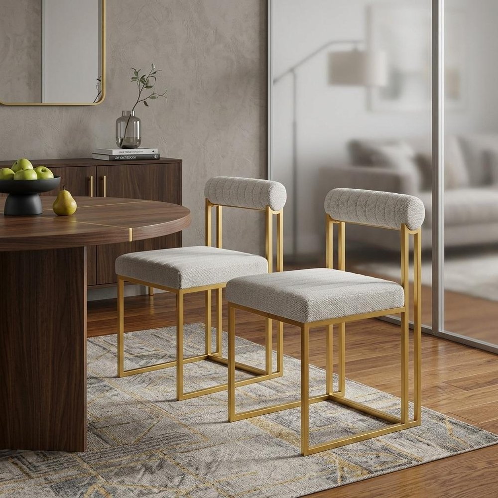 Set of Two Gray And Gold Upholstered Polyester Open Back Dining Side Chairs HomeRoots
