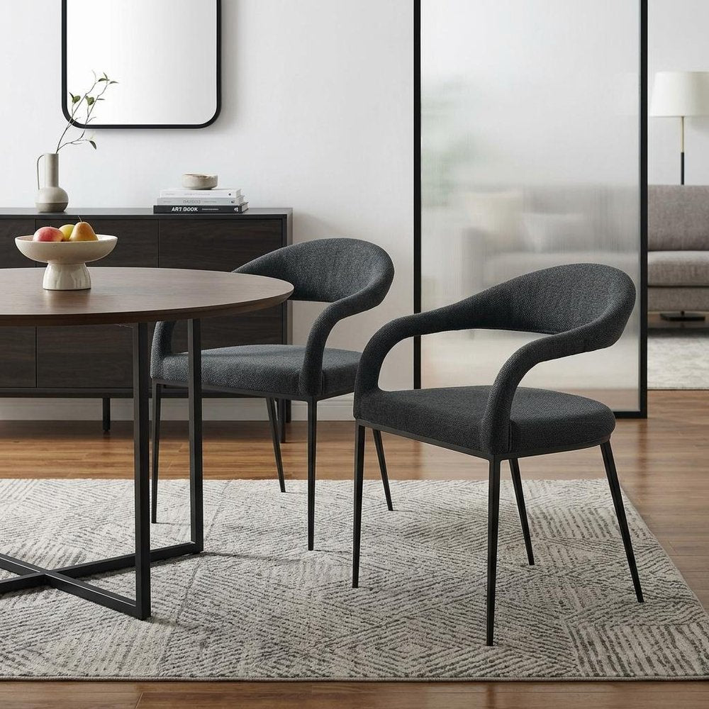 Set of Two Gray And Black Upholstered Polyester Open Back Dining Arm Chairs HomeRoots