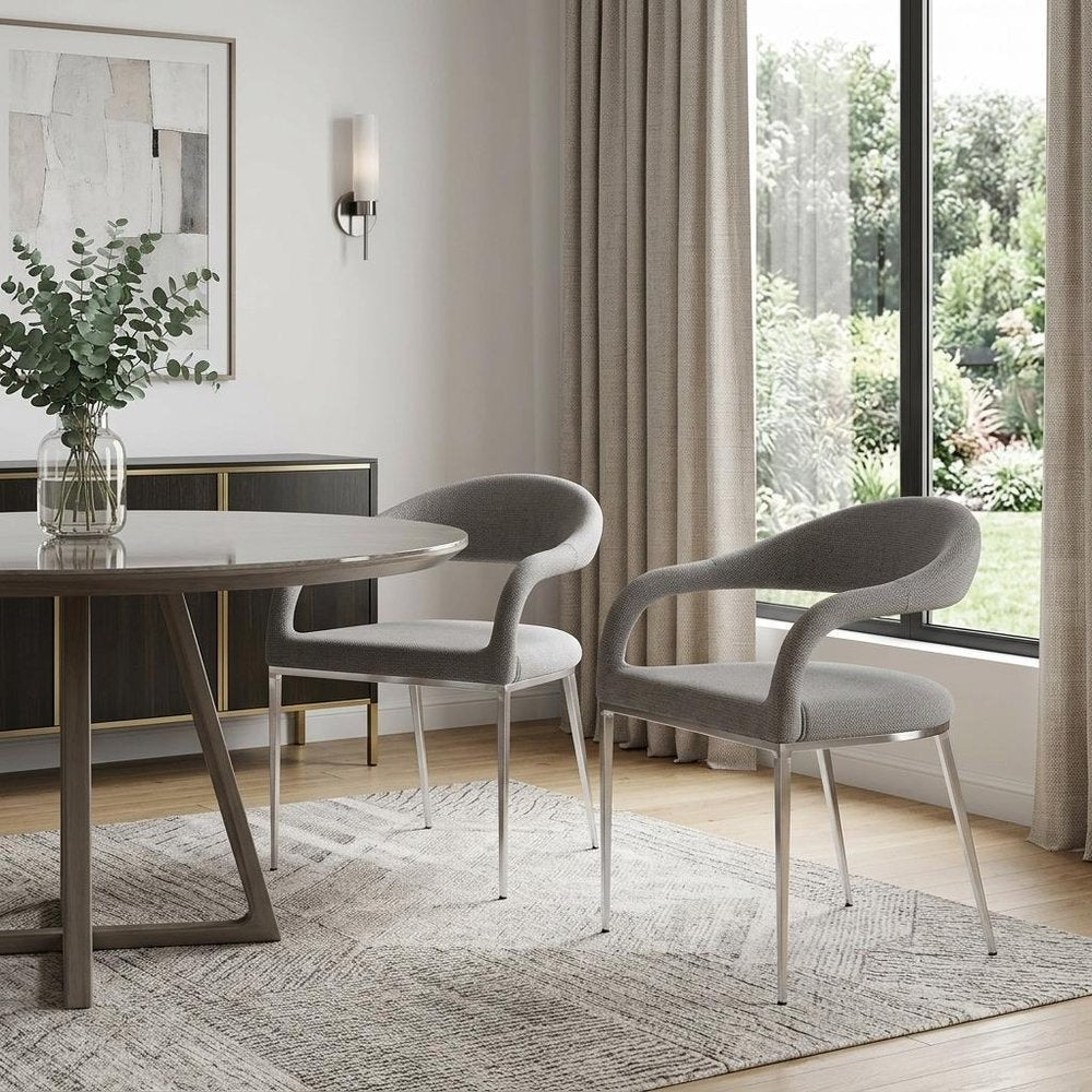 Set of Two Gray And Silver Upholstered Polyester Open Back Dining Arm Chairs HomeRoots