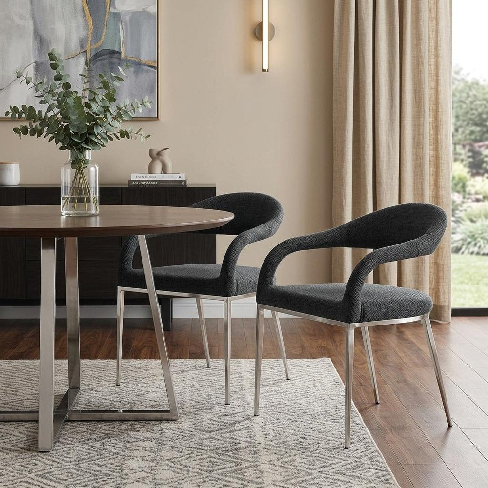 Set of Two Gray And Silver Upholstered Polyester Open Back Dining Arm Chairs HomeRoots
