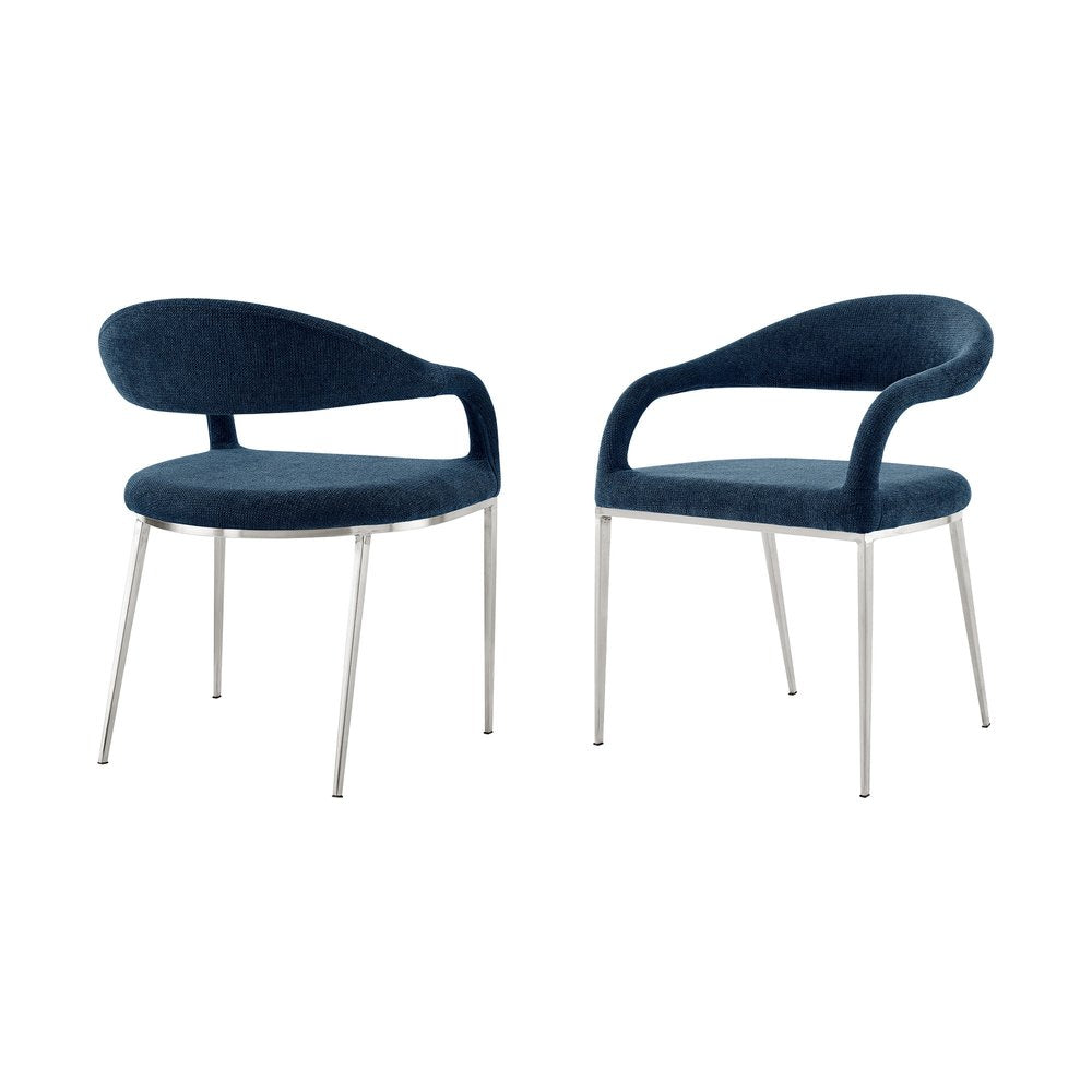 Set of Two Blue And Silver Upholstered Polyester Open Back Dining Arm Chairs HomeRoots