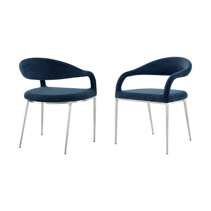 Set of Two Blue And Silver Upholstered Polyester Open Back Dining Arm Chairs HomeRoots