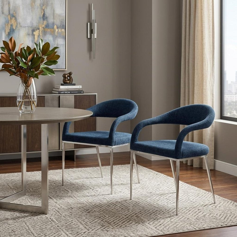 Set of Two Blue And Silver Upholstered Polyester Open Back Dining Arm Chairs HomeRoots
