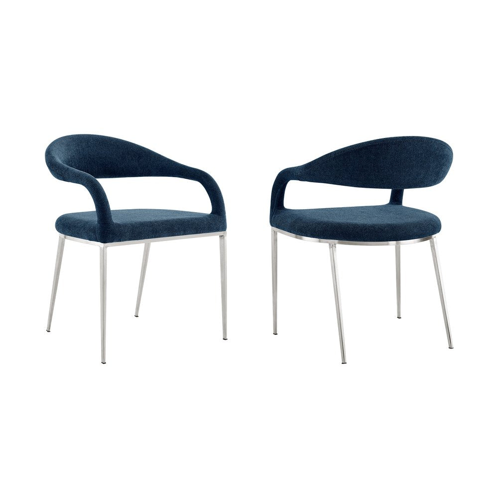 Set of Two Blue And Silver Upholstered Polyester Open Back Dining Arm Chairs HomeRoots