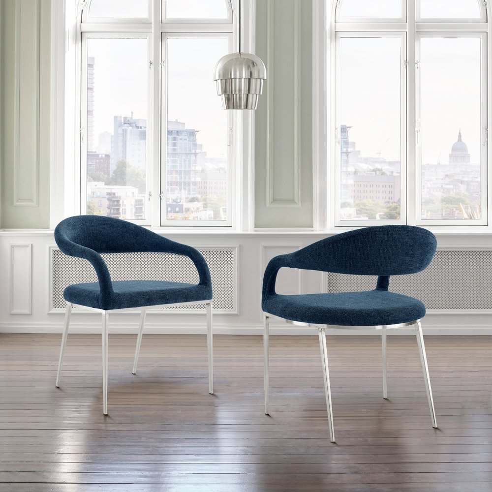 Set of Two Blue And Silver Upholstered Polyester Open Back Dining Arm Chairs HomeRoots