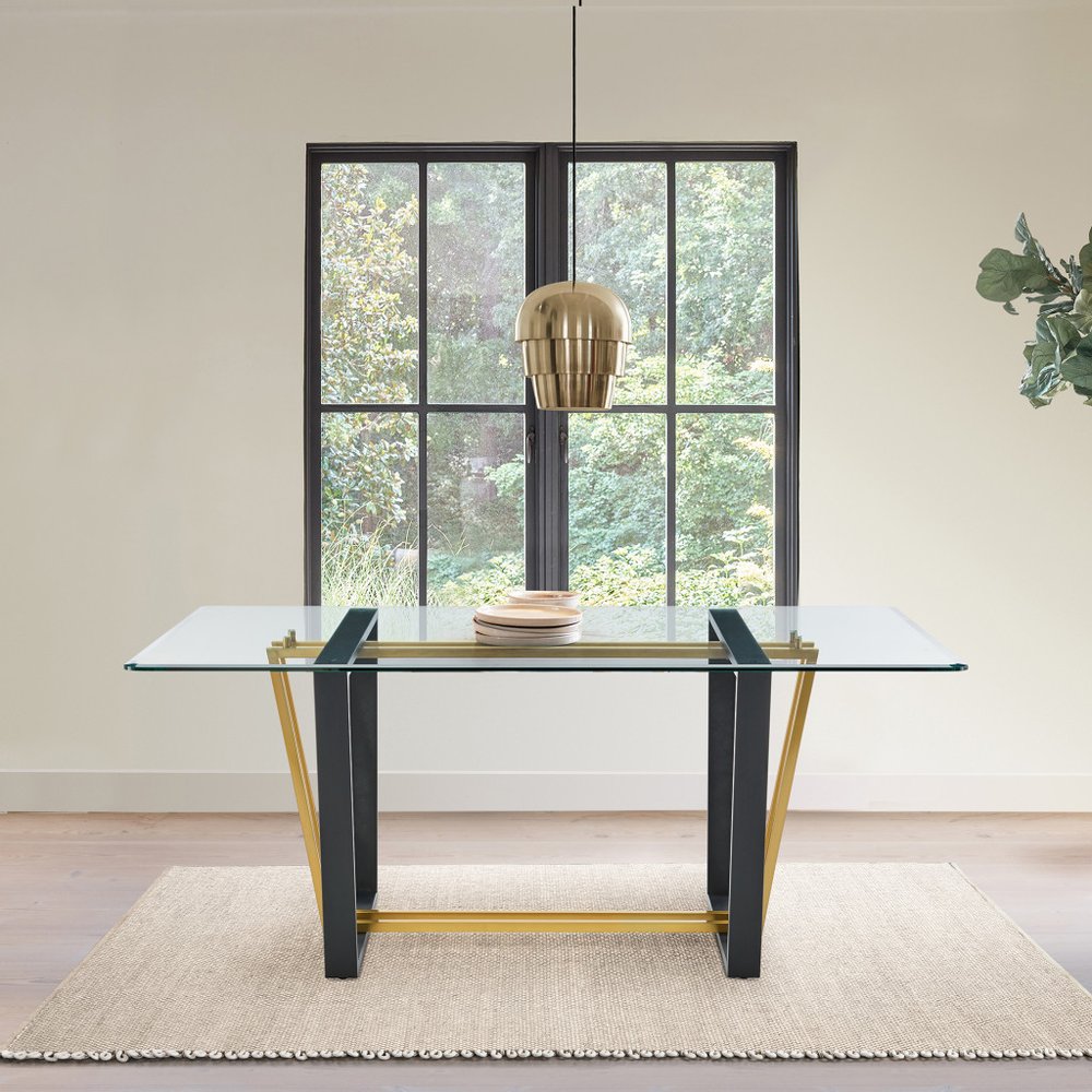 72" Clear And Gold Glass And Iron Sled Base Dining Table HomeRoots