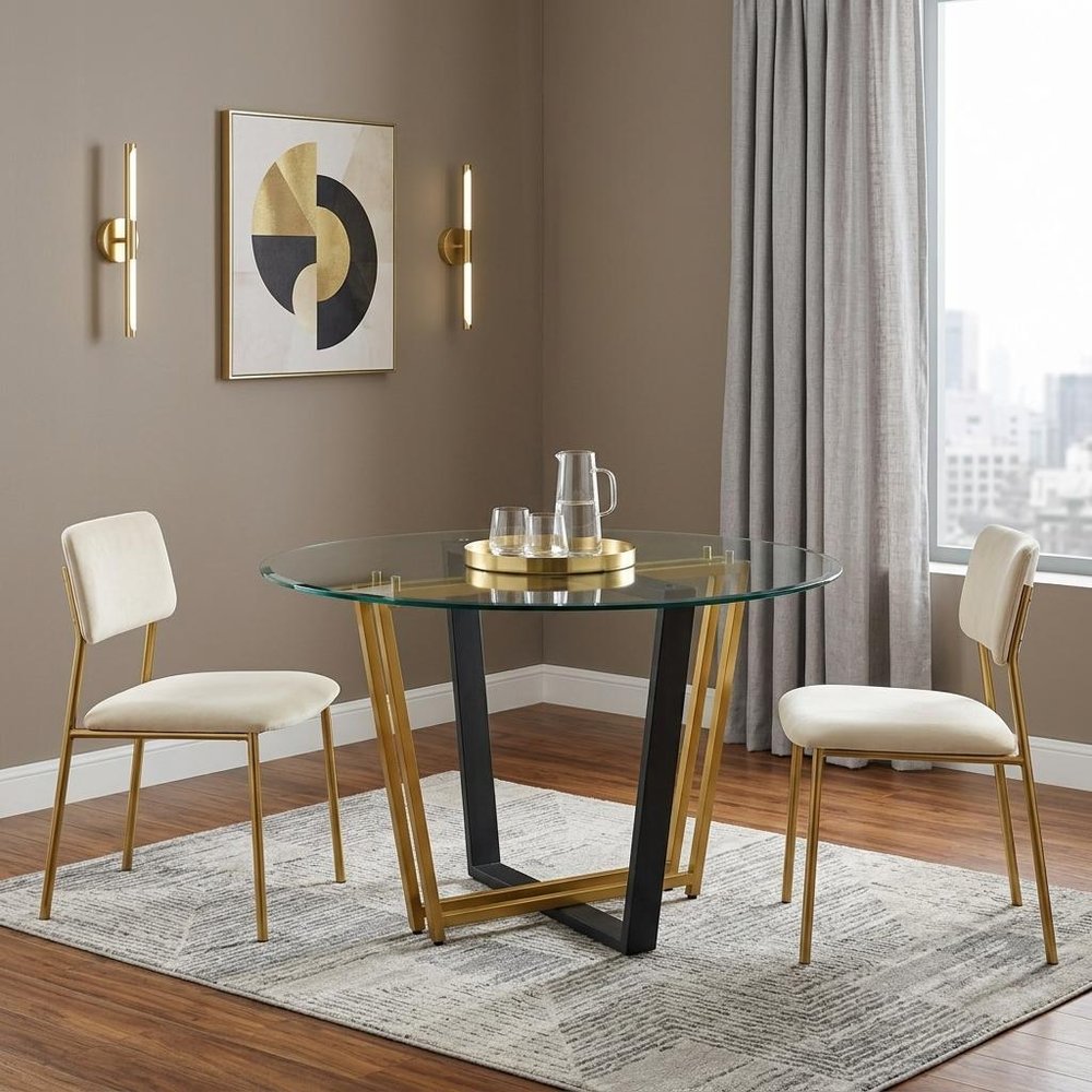 48" Clear And Gold Glass And Iron Sled Base Round Top Dining Table HomeRoots