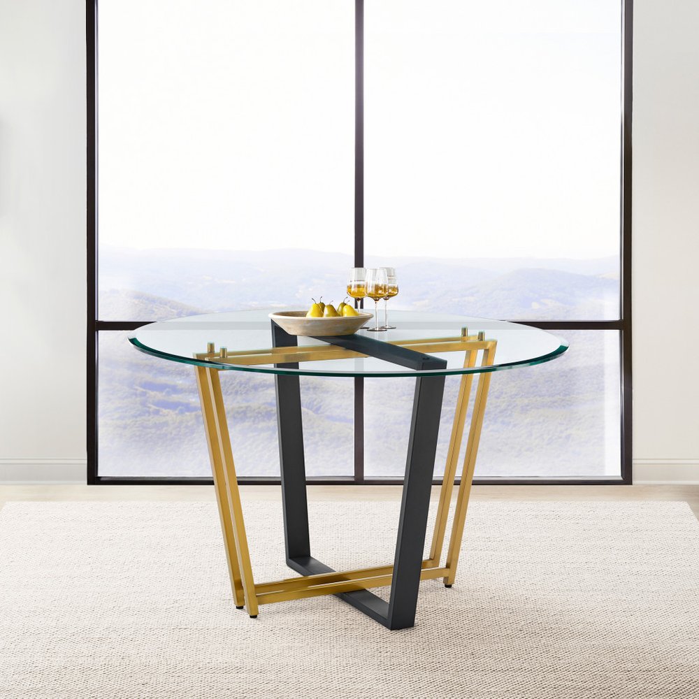 48" Clear And Gold Glass And Iron Sled Base Round Top Dining Table HomeRoots