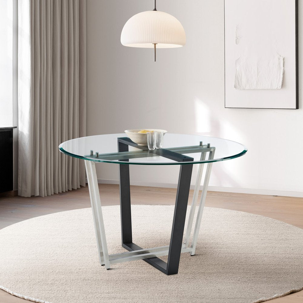 48" Clear And Black Glass And Iron Sled Base Round Top Dining Table HomeRoots