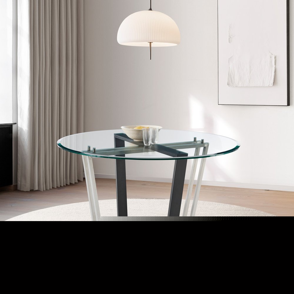 48" Clear And Black Glass And Iron Sled Base Round Top Dining Table HomeRoots