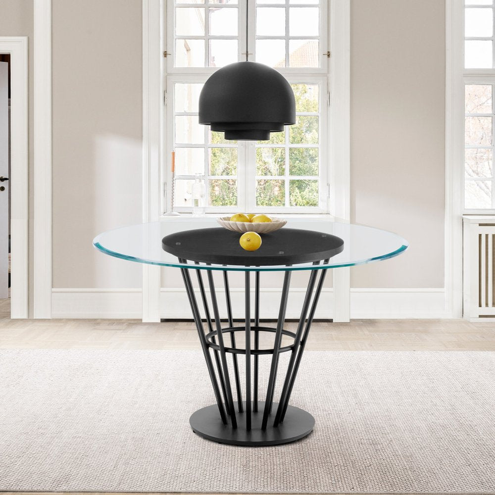 48" Clear And Black Glass And Iron Pedestal Base Round Top Dining Table HomeRoots