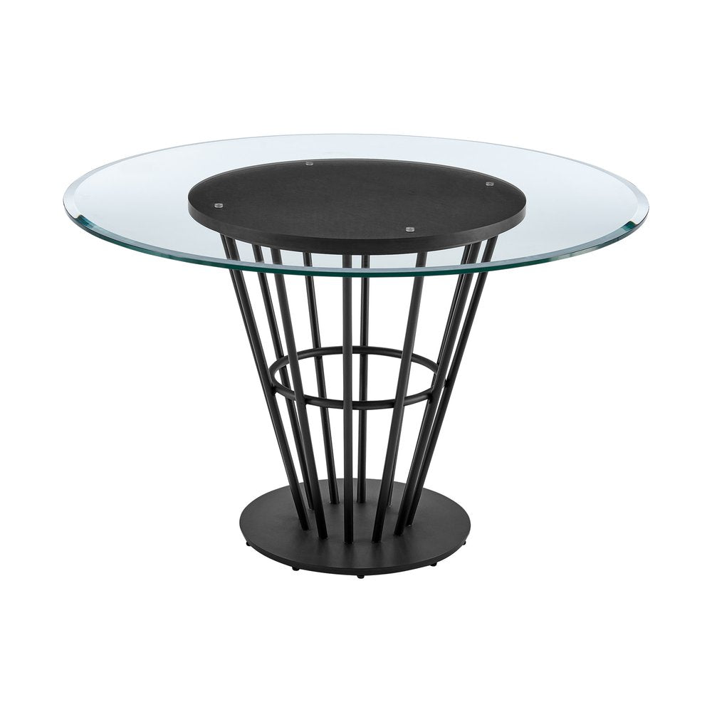 48" Clear And Black Glass And Iron Pedestal Base Round Top Dining Table HomeRoots