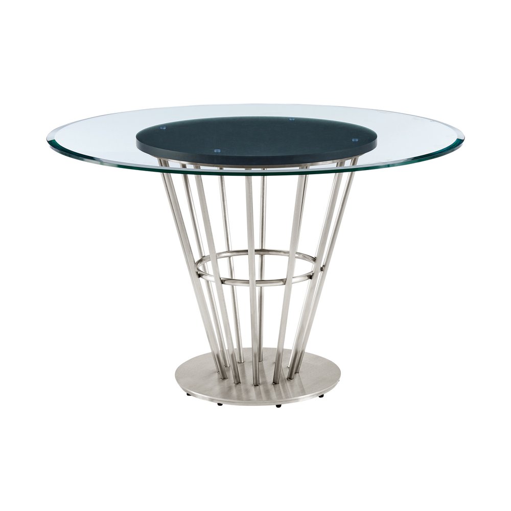 48" Clear And Silver Glass And Stainless Steel Pedestal Base Round Top Dining Table HomeRoots