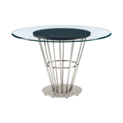 48" Clear And Silver Glass And Stainless Steel Pedestal Base Round Top Dining Table HomeRoots