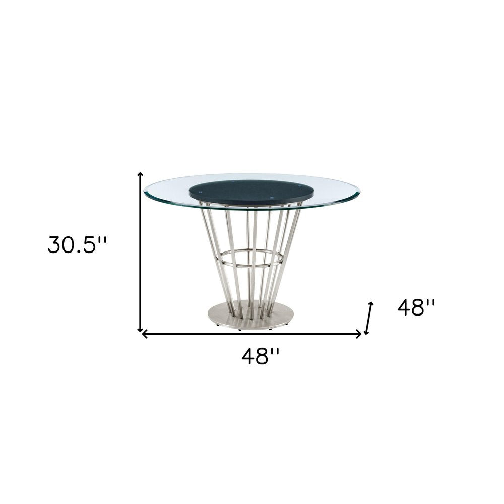 48" Clear And Silver Glass And Stainless Steel Pedestal Base Round Top Dining Table HomeRoots