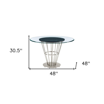 48" Clear And Silver Glass And Stainless Steel Pedestal Base Round Top Dining Table HomeRoots