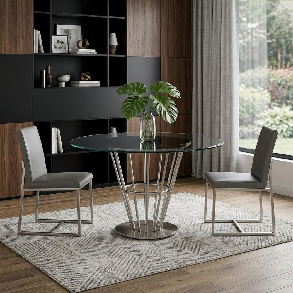 48" Clear And Silver Glass And Stainless Steel Pedestal Base Round Top Dining Table HomeRoots