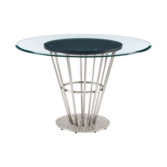 48" Clear And Silver Glass And Stainless Steel Pedestal Base Round Top Dining Table HomeRoots